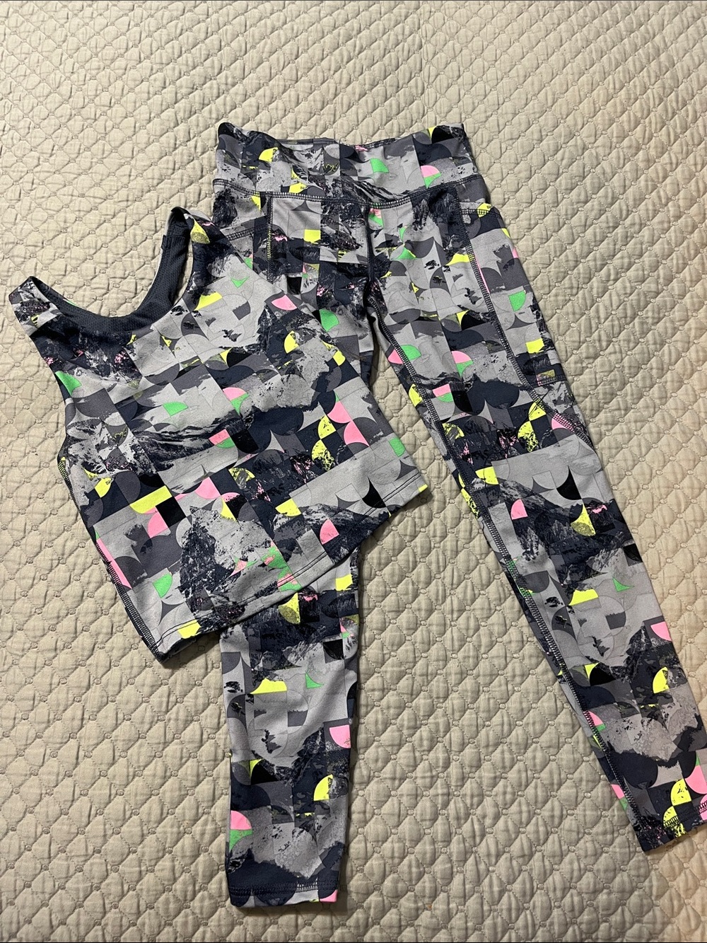 Athletic Works Gray Active Leggings and Crop Tank with Neon Accents